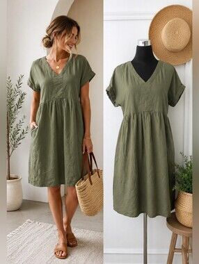 Briggs Olive Linen Blend Babydoll Dress M | Minimalist Cottagecore Casual Pocket